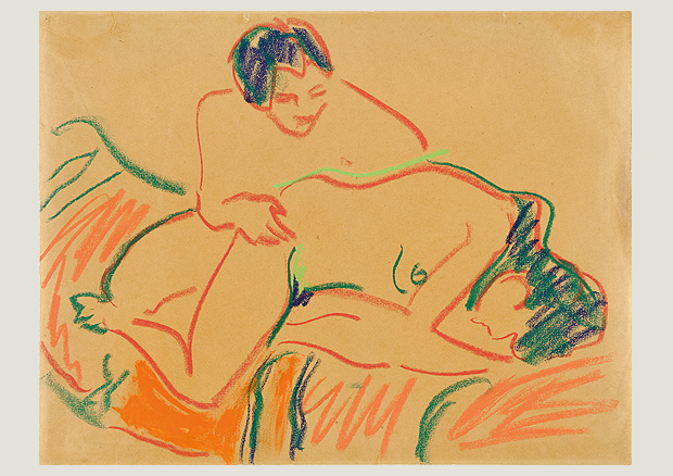 Ernst Ludwig Kirchner (1880-1938), Liebespaar, um 1908, Farbkreide, 34.2 x 44.2 cm, Museum Wiesbaden, Dauerleihgabe des Vereins zur Förderung der bildenden Kunst in Wiesbaden, erworben aus der Privatsammlung Nachlass Hanna Bekker vom Rath - 